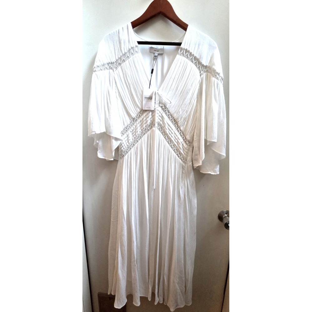 REISS Delphine Dress 8 White Bridal Engage Party Vacay Gathered Open Weave VNeck
